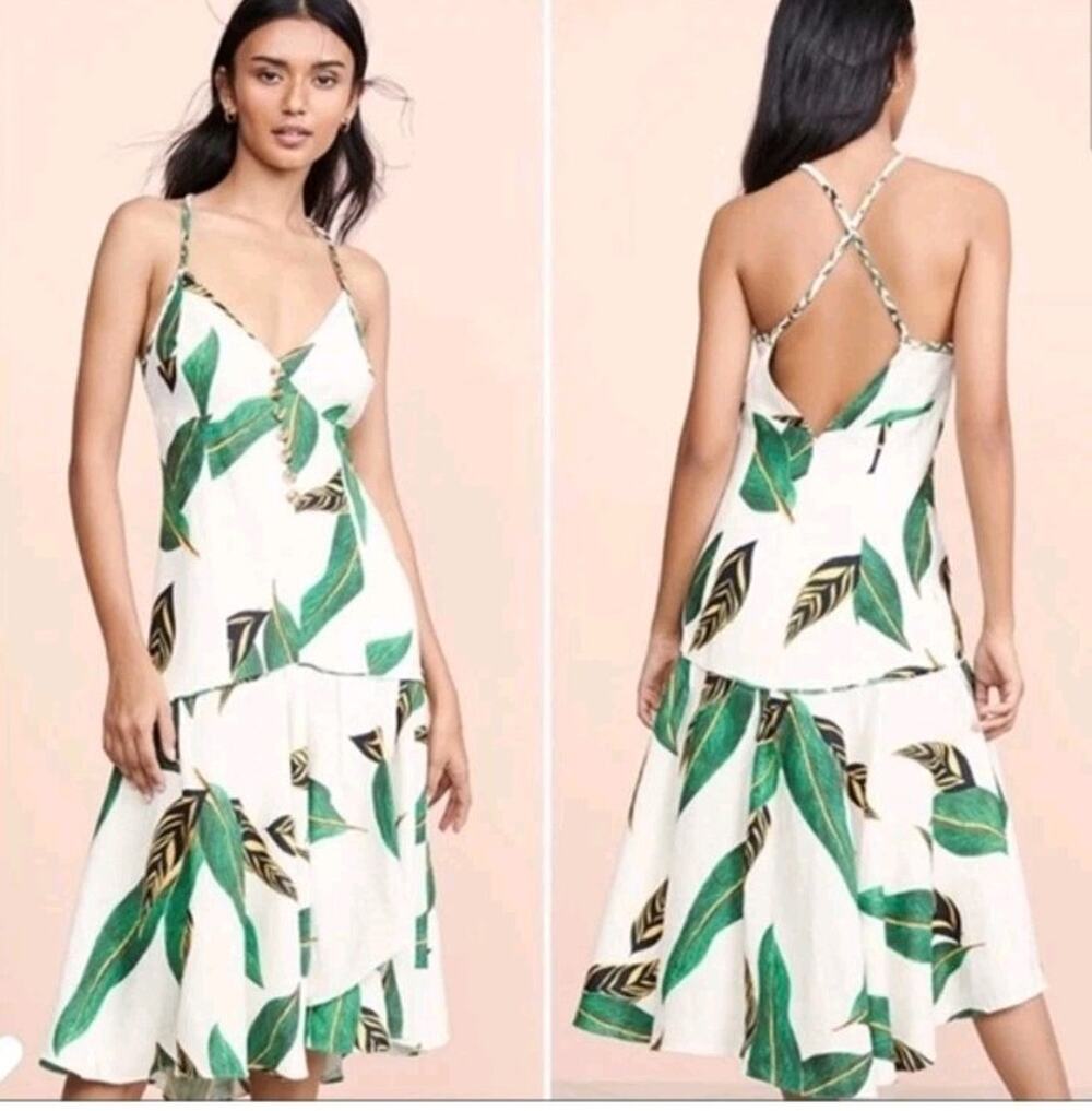 Farm Rio Tropical Forest Green White Midi Dress XS